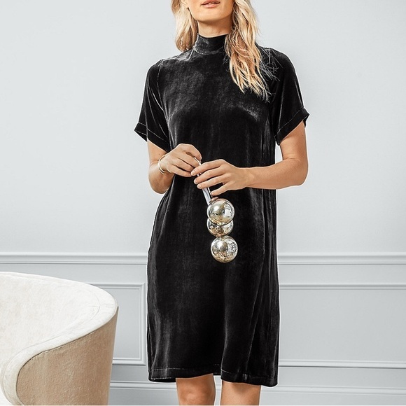 EILEEN FISHER Silk Blend Tie Back Velvet Mock-Neck Dress Charcoal Grey Small - Picture 4 of 10